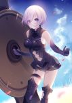  1girl armored_boots armored_leotard bangs black_footwear black_leotard boots breasts breasts_apart elbow_gloves eyebrows_visible_through_hair eyes_visible_through_hair fate/grand_order fate_(series) gloves hair_between_eyes holding_shield leotard looking_at_viewer mash_kyrielight medium_breasts midriff navel purple_eyes purple_gloves shield short_hair silver_hair solo sparkle standing stomach stomach_cutout thigh_boots thigh_strap thighhighs weizhi 
