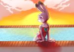  2018 ambient_bird anthro avian bird clothing cloud dariamorgan dipstick_ears disney fur grey_body grey_fur group hi_res judy_hopps lagomorph leporid mammal multicolored_ears one-piece_swimsuit outside partially_submerged purple_eyes rabbit sky solo_focus sunset swimwear water zootopia 