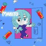  1boy character_name chibi chibi_only full_body hair_between_eyes heterochromia highres jujutsu_kaisen kinokorin looking_at_viewer low_twintails mahito_(jujutsu_kaisen) open_door open_mouth pants partially_colored purple_pants purple_shirt shirt solo twintails walking 