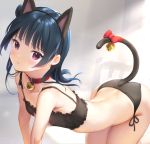  1girl :t all_fours animal_ears ass bangs bare_arms bare_legs bare_shoulders bell bell_choker bell_collar black_bra black_panties blue_hair bow bra breasts cat_cutout cat_ear_panties cat_ears cat_lingerie cat_tail choker cleavage_cutout collar collarbone commentary_request frilled_bra frills hair_bun jingle_bell lingerie long_hair looking_at_viewer love_live! love_live!_sunshine!! meme_attire mignon panties paw_print purple_eyes side_bun small_breasts solo stomach sulking tail tail_bell tail_bow tsushima_yoshiko underwear underwear_only 