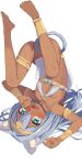  1girl absurdres ancient_egyptian ancient_egyptian_clothes animal_ear_fluff animal_ears anklet armlet bangle barefoot blue_eyes blush bracelet breasts cat_ears cat_tail commentary_request dark-skinned_female dark_skin embarrassed fang feet full_body grey_hair hair_between_eyes highres if_you_want_to_become_a_godly_artist_(trend) jewelry loincloth long_hair looking_at_viewer ogaoekaki open_mouth original simple_background skin_fang small_breasts solo tail tail_censor tears thighlet upside-down wavy_mouth white_background 