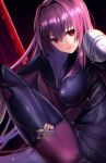  1girl :d bodysuit breasts commentary covered_navel dark_background fate/grand_order fate_(series) gae_bolg hair_intakes holding_leg large_breasts leg_up leotard long_hair looking_at_viewer open_mouth pauldrons polearm purple_bodysuit purple_hair purple_leotard red_eyes revision scathach_(fate)_(all) scathach_(fate/grand_order) shoulder_armor sitting smile solo spear untsue weapon 