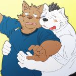  1:1 2016 anthro belly blush brown_body brown_fur canid canine canis clothing domestic_dog duo fur hug hugging_from_behind humanoid_hands kemono male mammal n_gata21 overweight overweight_male shirt simple_background tongue tongue_out topwear white_body white_fur 