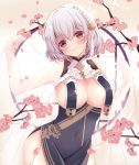  1girl armpits azur_lane bangs bare_shoulders blush braid breast_curtains breasts cherry_blossoms china_dress chinese_clothes cleavage closed_mouth commentary_request covered_navel dress flower garter_straps grey_dress hair_between_eyes hair_flower hair_ornament large_breasts looking_at_viewer neckwear_between_breasts partial_commentary pelvic_curtain red_eyes revealing_clothes sakura_(ichisakupink) see-through_sleeves short_hair side_braid side_slit sideboob silver_hair sirius_(azur_lane) sirius_(azure_horizons)_(azur_lane) smile solo two-tone_dress 