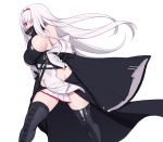  1girl azur_lane bare_shoulders black_footwear boots breasts colorado_(azur_lane) covered_mouth floating_hair hair_over_one_eye hairband high_collar large_breasts long_hair long_sleeves looking_at_viewer off_shoulder red_eyes side_cutout sideboob simple_background siun sleeveless solo thigh_boots thighhighs white_background white_hair wide_sleeves zettai_ryouiki 