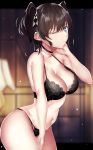  1girl bangs bare_arms bare_shoulders black_bra black_choker black_hair blue_eyes blurry blurry_background bra breasts choker commentary_request cowboy_shot hair_between_eyes hair_ribbon hand_up highres indoors large_breasts letterboxed looking_at_viewer navel one_eye_closed original outside_border ribbon rinaka_moruchi short_hair solo standing stomach thighs twintails underwear underwear_only 