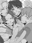  4boys ^_^ aohitsugi_samatoki bad_anatomy bad_hands blush choppy_bangs closed_eyes commentary_request earrings furrowed_brow greyscale grin hair_slicked_back hand_on_another&#039;s_shoulder harai_kuko hatching_(texture) head_on_head head_rest highres hypnosis_mic jacket jewelry linear_hatching long_sleeves loose_hair_strand male_focus mole mole_under_eye monochrome multiple_boys narrowed_eyes new_mad_comic_dialogue nose_blush nurude_sasara one_eye_closed outstretched_arm pant0_ten raised_eyebrows raised_inner_eyebrows short_hair signature sketch smile upper_body v very_short_hair white_background yamada_ichiro 