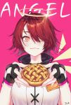  1girl :3 apple_pie arknights bangs black_gloves blush breasts commentary exusiai_(arknights) fingerless_gloves food glint gloves hair_over_one_eye halo hands_up high_collar holding holding_food jacket large_breasts looking_at_viewer orange_eyes pie pink_background red_hair short_hair signature simple_background smile solo upper_body white_jacket xxinainaxx 