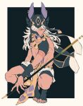  1boy ancient_egyptian_clothes animal_ears animal_ears_helmet animal_hat animal_helmet black_background black_helmet black_shorts black_shrug border brown_eyes cyno_(genshin_impact) full_body genshin_impact hair_over_one_eye hat helmet highres holding holding_polearm holding_weapon jackal_ears long_hair looking_ahead looking_at_viewer polearm riki0928 shorts shrug_(clothing) simple_background slit_pupils solo squatting usekh_collar weapon white_border white_hair white_loincloth 