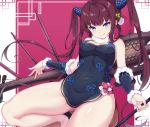  1girl absurdres artist_request bangs bare_shoulders black_dress blue_eyes blush border breasts china_dress chinese_clothes cleavage closed_mouth covered_navel detached_sleeves dress fate/grand_order fate_(series) flute hair_ornament highres instrument kneeling large_breasts leaf_hair_ornament leaning_back long_hair looking_at_viewer pink_background pipa_(instrument) purple_hair side_slit sidelocks smile solo thighs tongue tongue_out twintails very_long_hair white_border yang_guifei_(fate/grand_order) 