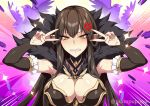  1girl bangs bare_shoulders black_dress blush breasts brown_hair cleavage clenched_teeth double_v dress emotional_engine_-_full_drive fate/apocrypha fate/grand_order fate_(series) fur_trim grimace large_breasts long_hair looking_at_viewer parody pointy_ears sei_shounagon_(fate) semiramis_(fate) slit_pupils solo teeth v very_long_hair yellow_eyes zeroshiki_kouichi 