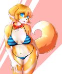  2020 bikini blak_nose blonde_hair blue_eyes breasts butter_(nāsheru) canid canine canis clothed clothing collar domestic_dog female fluffy fluffy_tail fur glistening glistening_body glistening_fur hair hand_on_butt hand_on_hip hi_res kemono looking_at_viewer mammal navel nāsheru open_mouth portrait short_hair simple_background solo swimwear three-quarter_portrait translucent translucent_hair white_body white_fur yellow_body yellow_fur 