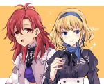  2girls blonde_hair blue_eyes blue_hairband closed_mouth constance_von_nuvelle earrings eating fire_emblem fire_emblem:_three_houses food food_on_face garreg_mach_monastery_uniform hairband hapi_(fire_emblem) jewelry long_sleeves multicolored_hair multiple_girls naho_(pi988y) open_mouth orange_background purple_hair red_eyes red_hair short_hair simple_background twitter_username uniform upper_body 