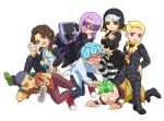  >_< 6+boys :d black_gloves black_hat black_jacket black_pants blonde_hair blue_eyes blue_hair bottle brown_hair computer crossed_arms formaggio ghiaccio glass_shard gloves green_eyes green_hair grey_hair hand_on_own_hip happy hat holding_glass_shard illuso in_bottle in_container jacket jojo_no_kimyou_na_bouken laptop lying mask melone moisukii multiple_boys on_side pants pesci prosciutto_(jojo) purple_hair red-framed_eyewear red_eyes risotto_nero short_hair sitting smile sweat tears tripping vento_aureo wavy_eyes white_jacket xd 