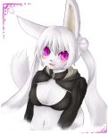 2013 black_nose blush breasts cleavage clothed clothing female fur hair half-length_portrait hi_res lagomorph leporid long_hair looking_at_viewer mammal navel nāsheru open_mouth portrait purple_eyes rabbit simple_background solo white_body white_fur white_hair 