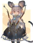  1girl :&lt; animal_ears bangs beige_background black_legwear border brooch capelet commentary_request dowsing_rod eyebrows_visible_through_hair grey_capelet grey_skirt highres holding jewelry long_sleeves looking_at_viewer mouse_ears mouse_tail nazrin outside_border pantyhose red_eyes shirt short_hair silver_hair skirt solo tail thick_eyebrows touhou uu_uu_zan white_border white_shirt 