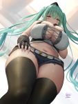  1girl bangs black_legwear blush breasts cowboy_shot denim denim_shorts eyebrows_visible_through_hair fingerless_gloves from_below girls_frontline gloves green_eyes green_hair hat highres large_breasts long_hair looking_at_viewer micro_uzi_(girls_frontline) midriff navel oekakizuki pouch shorts thighhighs twintails very_long_hair 