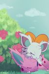  blue_sky bush claws closed_eyes cloud commentary creature day english_commentary eyelashes flower full_body gen_1_pokemon grass highres nidobun nidoran no_humans on_head outdoors pink_flower pink_rose pokemon pokemon_(creature) pokemon_on_head rose signature sky sleeping 