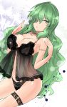  1girl babydoll bangs bare_arms bare_shoulders black_panties breasts cleavage commentary_request cowboy_shot eyebrows_visible_through_hair green_eyes green_hair hair_over_one_eye hands_up highres kazami_yuuka kazami_yuuka_(pc-98) large_breasts lingerie long_hair looking_at_viewer panties parted_lips solo thigh_strap thighs touhou touhou_(pc-98) underwear very_long_hair y2 