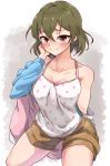  1girl black_eyes blush breasts brown_shorts camisole collarbone green_hair hand_on_own_cheek highres idolmaster idolmaster_million_live! moment_(moment_607) nagayoshi_subaru off_shoulder polka_dot polka_dot_shirt shirt short_hair shorts solo sweater 