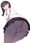  1girl ass black_hair black_skirt blue_eyes commentary_request highres long_hair looking_at_viewer looking_back looking_down panties pencil sikijou77o simple_background skirt solo ssss.gridman sweater takarada_rikka thick_thighs thighs underwear upskirt white_background white_panties 