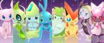  :d :o blue_eyes celebi closed_mouth creature face fangs floating gen_1_pokemon gen_2_pokemon gen_3_pokemon gen_4_pokemon gen_5_pokemon green_eyes green_hair jirachi looking_at_viewer maiko_(mimi) manaphy meloetta mew no_humans one_eye_closed open_mouth pokemon pokemon_(creature) purple_background red_eyes shaymin shaymin_(land) smile victini 