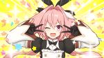  1boy astolfo_(fate) astolfo_(saber)_(fate) bangs black_bow black_dress black_gloves black_neckwear black_ribbon blush bow bowtie buttons confetti double_v dress emotional_engine_-_full_drive fang fate/grand_order fate_(series) gloves hair_between_eyes hair_bow hair_intakes hair_ribbon hands_up highres juliet_sleeves long_hair long_sleeves looking_at_viewer low_twintails multicolored_hair one_eye_closed open_mouth otoko_no_ko parody patyu3 pink_hair puffy_sleeves purple_eyes ribbon sei_shounagon_(fate) smile solo sparkle star streaked_hair twintails v white_hair wide_sleeves wing_collar yellow_background 