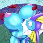  1:1 2019 areola b_cottontail big_breasts blue_body blue_eyes blue_skin blush bodily_fluids breasts detailed_background ear_fins eeveelution female fin frill_(anatomy) head_fin hi_res holding_breast huge_breasts hyper hyper_breasts macro membrane_(anatomy) membranous_frill nintendo nipples pok&eacute;mon pok&eacute;mon_(species) purple_body purple_eyes purple_skin solo sweat sweatdrop vaporeon video_games 