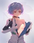  1girl absurdres ayanami_rei background_text bandaid bandaids_on_nipples black_choker blue_hair bodysuit breasts choker closed_mouth collarbone english_text gloves grey_background hair_ornament highres looking_away looking_down luojiwei multicolored_hair neon_genesis_evangelion off_shoulder one_breast_out open_bodysuit pasties pink_hair pixiv_username plugsuit red_eyes short_hair single_bare_shoulder small_breasts solo two-tone_hair undressing upper_body white_bodysuit white_gloves 