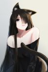  1girl animal_ears bare_shoulders black_hair black_sweater blue_eyes cat_ears cat_tail ear_down hair_over_one_eye highres long_hair looking_at_viewer off-shoulder_sweater off_shoulder original rizuto simple_background solo sweater tail very_long_hair 