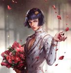  1boy black_hair blue_eyes bob_cut bouquet bruno_buccellati cdash817 cleavage_cutout commentary_request flower highres jacket jojo_no_kimyou_na_bouken lips looking_at_viewer male_focus nose petals red_flower red_rose rose rose_petals solo upper_body white_jacket 