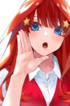 1girl :o bangs blue_eyes breasts collared_shirt eyebrows_behind_hair go-toubun_no_hanayome hair_ornament hand_up haruba_negi highres large_breasts long_hair looking_at_viewer nakano_itsuki partially_unbuttoned red_hair red_sweater shirt short_sleeves sidelocks simple_background solo star star_hair_ornament sweater sweater_vest tongue upper_body white_background white_shirt 