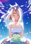  1girl absurdres bangs bare_shoulders blue_eyes blue_sky blush bouquet breasts bridal_veil cleavage closed_mouth cloud clover collarbone confetti dress eyebrows_visible_through_hair flower four-leaf_clover go-toubun_no_hanayome hair_ribbon highres holding holding_bouquet looking_at_viewer nakano_yotsuba orange_hair piyopoyo ribbon simple_background skindentation sky smile solo tears veil wedding_dress white_dress white_flower 