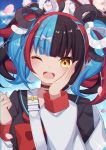  1girl ;d absurdres bangs black_collar black_hair black_sailor_collar black_shirt blue_hair blunt_bangs blurry blurry_background blush bow brown_eyes collar commentary_request depth_of_field eyebrows_visible_through_hair fate/grand_order fate_(series) hands_up highres jacket long_sleeves multicolored_hair off_shoulder one_eye_closed open_clothes open_jacket open_mouth puffy_long_sleeves puffy_sleeves red_bow red_hair round_teeth sailor_collar sapphire_(sapphire25252) sei_shounagon_(fate) shirt smile solo sparkle teeth twintails two-tone_hair upper_teeth white_jacket yellow_eyes 