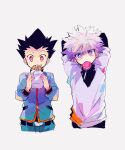  2boys arms_behind_head arms_up belt belt_buckle black_belt black_hair black_shirt buckle candy cropped_legs food food_on_face food_wrapper gon_freecss green_jacket green_pants holding holding_food holding_sandwich hunter_x_hunter jacket killua_zoldyck layered_sleeves lollipop lollipop_in_mouth long_sleeves male_focus multiple_boys orange_trim pants purple_eyes red_eyes sandwich shirt short_hair short_over_long_sleeves short_sleeves side-by-side sleeve_cuffs smcms-m white_hair white_sleeves widow&#039;s_peak 