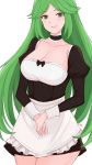  1girl alternate_costume apron bangs black_dress blush breasts choker cleavage collarbone cowboy_shot dress english_commentary eyebrows_visible_through_hair eyelashes green_eyes green_hair highres juliet_sleeves kgctcg kid_icarus kid_icarus_uprising large_breasts long_sleeves maid maid_apron palutena parted_bangs parted_lips puffy_sleeves sidelocks simple_background smile solo twitter_username white_background 