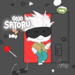  1boy blindfold blue_pants brown_shirt candy character_name chibi chibi_only collared_shirt commentary doorway food full_body gojou_satoru hand_in_pocket highres jujutsu_kaisen kinokorin lollipop male_focus mochi pants partially_colored shirt short_hair smile solo sunglasses white_hair wrapped_candy 