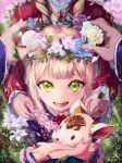  1girl 2others animal bangs commentary_request dress flower gem gotthelife hair_flower hair_ornament head_out_of_frame highres holding holding_animal holding_flower jewelry lolita_fashion looking_at_viewer luna_(shadowverse) multiple_others open_mouth out_of_frame petals pink_flower pov pov_hands purple_dress ring shadowverse smile spring_(season) stuffed_animal stuffed_toy white_flower yellow_eyes 