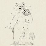  1:1 2019 animal_crossing anthro balls belly canid canine eyes_closed flaccid genitals hollo_nut humanoid_genitalia humanoid_hands humanoid_penis male mammal navel nintendo nipples penis raccoon_dog simple_background slightly_chubby solo tanuki text tom_nook_(animal_crossing) video_games 