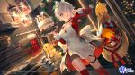  ;p absurdres alternate_costume apron azur_lane blush breasts cake cannon character_name christmas cleavage dutch_angle fish_hair_ornament food frying_pan grey_eyes grey_hair hair_ornament hair_ribbon head_tilt highres holding holding_plate huge_filesize indoors janyhero kitchen large_breasts lights logo looking_at_viewer manjuu_(azur_lane) night one_eye_closed pancake plate ribbon rigging seattle_(azur_lane) seattle_(christmas_party!)_(azur_lane) short_hair solo thighhighs toast tongue tongue_out 