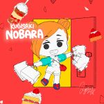  1girl blue_shoes cake cake_slice character_name chibi chibi_only commentary doorway double_bun eyelashes food fruit full_body hair_bun highres jujutsu_kaisen kinokorin kugisaki_nobara open_mouth orange_hair overalls partially_colored red_bag shoes signature solo strawberry white_overalls 