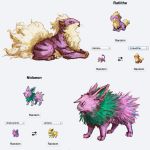  character_name commentary creature directional_arrow english_commentary english_text full_body fusion gen_1_pokemon highres horn lying no_humans ommanyte on_stomach pink_eyes pokemon pokemon_(creature) profile purple_eyes serious simple_background spikes sprites standing white_background 