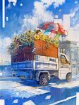  1boy 1girl absurdres arms_behind_head blue_sky brown_hair closed_mouth cloud cloudy_sky commentary_request day flower highres kei_truck motor_vehicle original outdoors short_hair sky sleeping solo summer truck tsushima_sora umbrella yellow_flower 