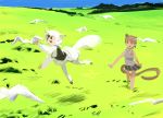  2girls :d animal animal_ears arm_up arms_at_sides ascot bare_arms bare_shoulders bird black_skirt blue_sky brown_hair clenched_hands d: dark_skin day field fossa_(kemono_friends) fossa_ears fossa_tail grass grey_shirt highres jumping kemono_friends light_brown_hair long_sleeves long_tail looking_at_another looking_to_the_side mountain multicolored_hair multiple_girls open_mouth outdoors outstretched_arm pero_(sabuaka_bacon) pleated_skirt puffy_sleeves shirt short_hair skirt sky sleeveless sleeveless_shirt smile southern_tamandua_(kemono_friends) tail tamandua_ears tamandua_tail tsurime two-tone_hair walking white_bird white_hair white_legwear wing_collar 