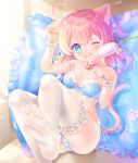 +_+ 1girl ahoge animal_ears arm_up bare_shoulders bell bell_choker blue_bow blue_bra blue_eyes blue_panties bow bow_bra bra breasts cat_ears cat_girl cat_tail cattail choker collarbone commentary_request feet frilled_legwear frilled_pillow frills hair_bow hand_on_ear highres jingle_bell komachi_pochi long_hair no_shoes one_eye_closed open_mouth original panties pillow pink_bow pink_choker plant side-tie_panties small_breasts soles solo tail tears thighhighs underwear wavy_mouth white_legwear wrist_cuffs yellow_bow 