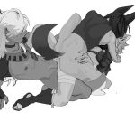  3boys absurdres anal animal_ears ankle_socks armor bandaged_leg bandages bottomless boy_sandwich cowgirl_position cum cum_on_body cum_on_testicles cyno_(genshin_impact) dark-skinned_male dark_skin dog_boy dog_ears fox_boy fox_ears fox_tail genshin_impact gorou_(genshin_impact) greyscale group_sex highres long_hair lying male_focus mmm_threesome monochrome multiple_boys nipples on_back open_mouth pauldrons riki0928 sandwiched sex shirt shoulder_armor simple_background single_pauldron sleeveless sleeveless_shirt socks straddling sweat tail testicles threesome tighnari_(genshin_impact) uncensored usekh_collar yaoi 