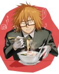  1boy bowl chopsticks closed_eyes commentary_request eating fang food gloves highres holding holding_chopsticks jacket kohakohakohata male_focus noodles orange_hair ramen randal&#039;s_friends randal_ivory red_background short_hair simple_background skin_fang solo sweat translation_request white_gloves 