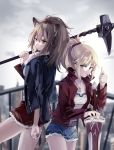  2girls animal_ears arknights bandeau bangs belt black_jacket blonde_hair breasts brown_eyes brown_hair cigarette clarent cloud cloudy_sky commentary_request cowboy_shot crossover cutoffs denim denim_shorts eyebrows_visible_through_hair fate/apocrypha fate_(series) fur-trimmed_jacket fur_trim green_eyes grin hair_between_eyes hair_ornament hair_scrunchie hand_up highres holding holding_hammer holding_weapon jacket jewelry lighter lion_ears long_hair long_sleeves looking_at_viewer midriff mordred_(fate) mordred_(fate)_(all) mouth_hold multiple_girls open_clothes open_jacket outdoors pendant planted_sword planted_weapon ponytail red_jacket red_scrunchie red_shorts scrunchie short_shorts shorts sidelocks siege_(arknights) sky small_breasts smile standing strapless sword thighs tubetop weapon yorktown_cv-5 
