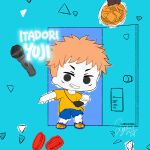  1boy black_bag blue_shorts character_name chibi chibi_only doorway facial_mark food full_body highres itadori_yuuji jujutsu_kaisen kinokorin male_focus microphone noodles orange_hair partially_colored shirt short_hair shorts solo udon yellow_shirt 