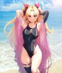  1girl armpits arms_behind_head arms_up bangs bare_shoulders beach black_legwear black_swimsuit blonde_hair blue_sky blush bow breasts closed_mouth collarbone commentary_request competition_swimsuit covered_navel earrings ereshkigal_(fate/grand_order) fate/grand_order fate_(series) hair_bow happymonk highleg highleg_swimsuit highres hoop_earrings infinity jewelry long_hair looking_at_viewer medium_breasts ocean one-piece_swimsuit parted_bangs red_bow red_eyes revision shawl single_thighhigh skull_print sky solo sparkle swimsuit thighhighs thighs two_side_up 